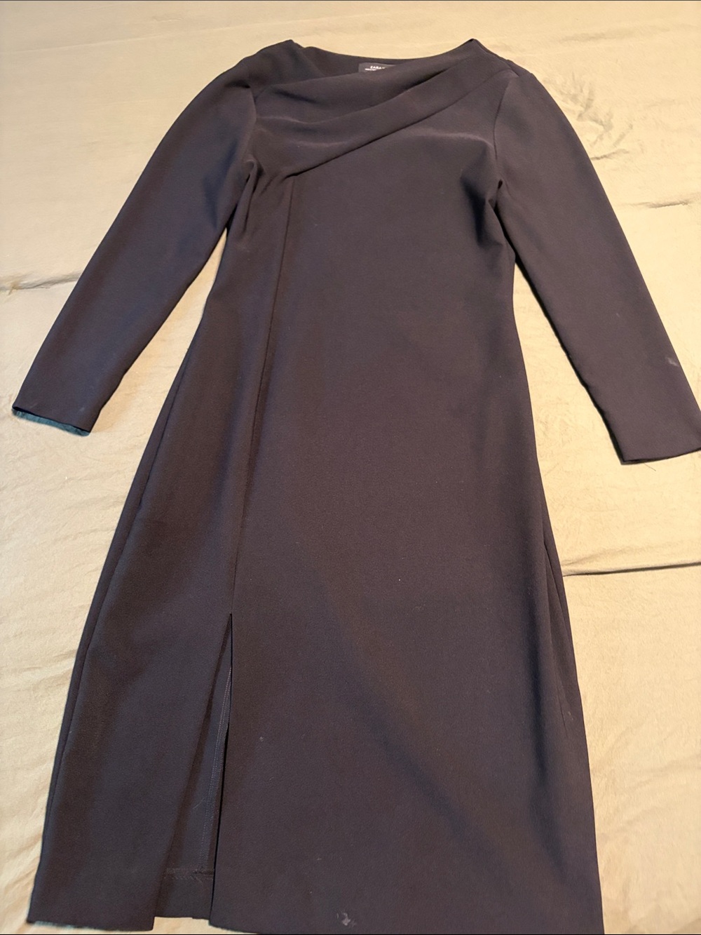 Zara Black Long Sleeve Midi Dress with Front Slit